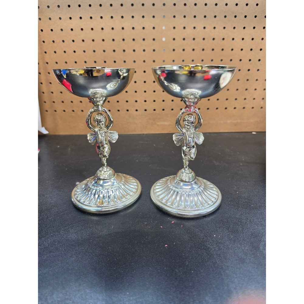Vintage Nu-Trend Silver Cherub Candlestick Holders Set of 2 USA Made Angel Decor